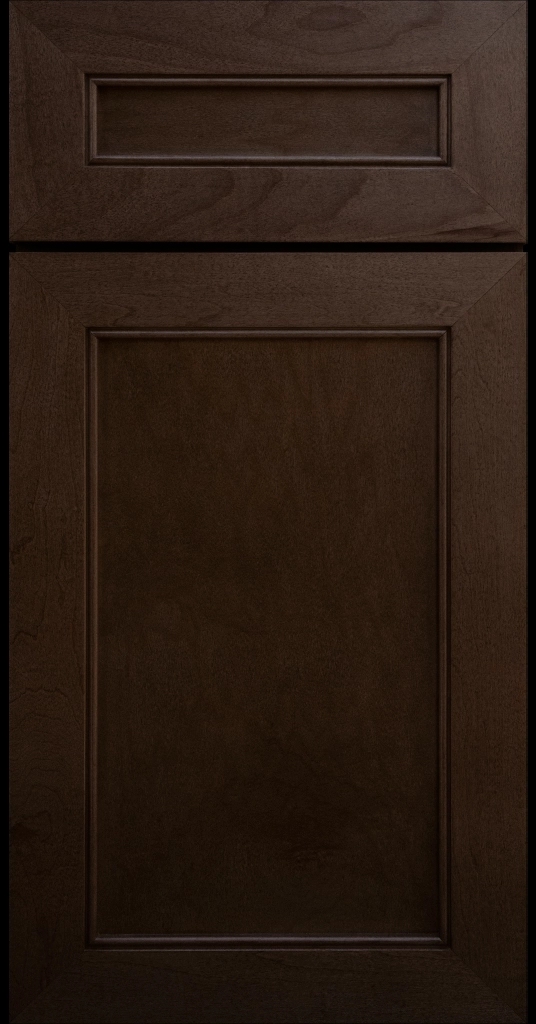 Alpine-style mitered shaker cabinet in Brownie Stain with a flat center panel & inside bead detail.
